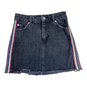 TOPSHOP Rainbow Metallic Striped Black Denim Jean Mini Skirt 4 Raw Hem